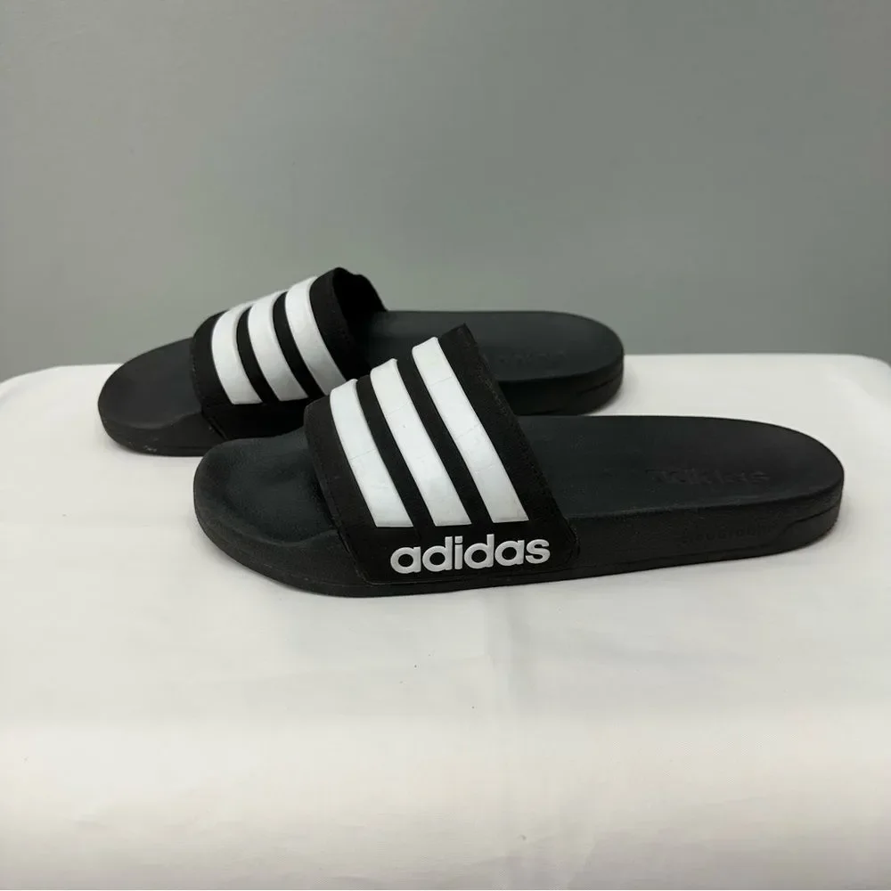 Adidas cloudfoam triple stripe black and‎ white slides slip ons sandals men's 10